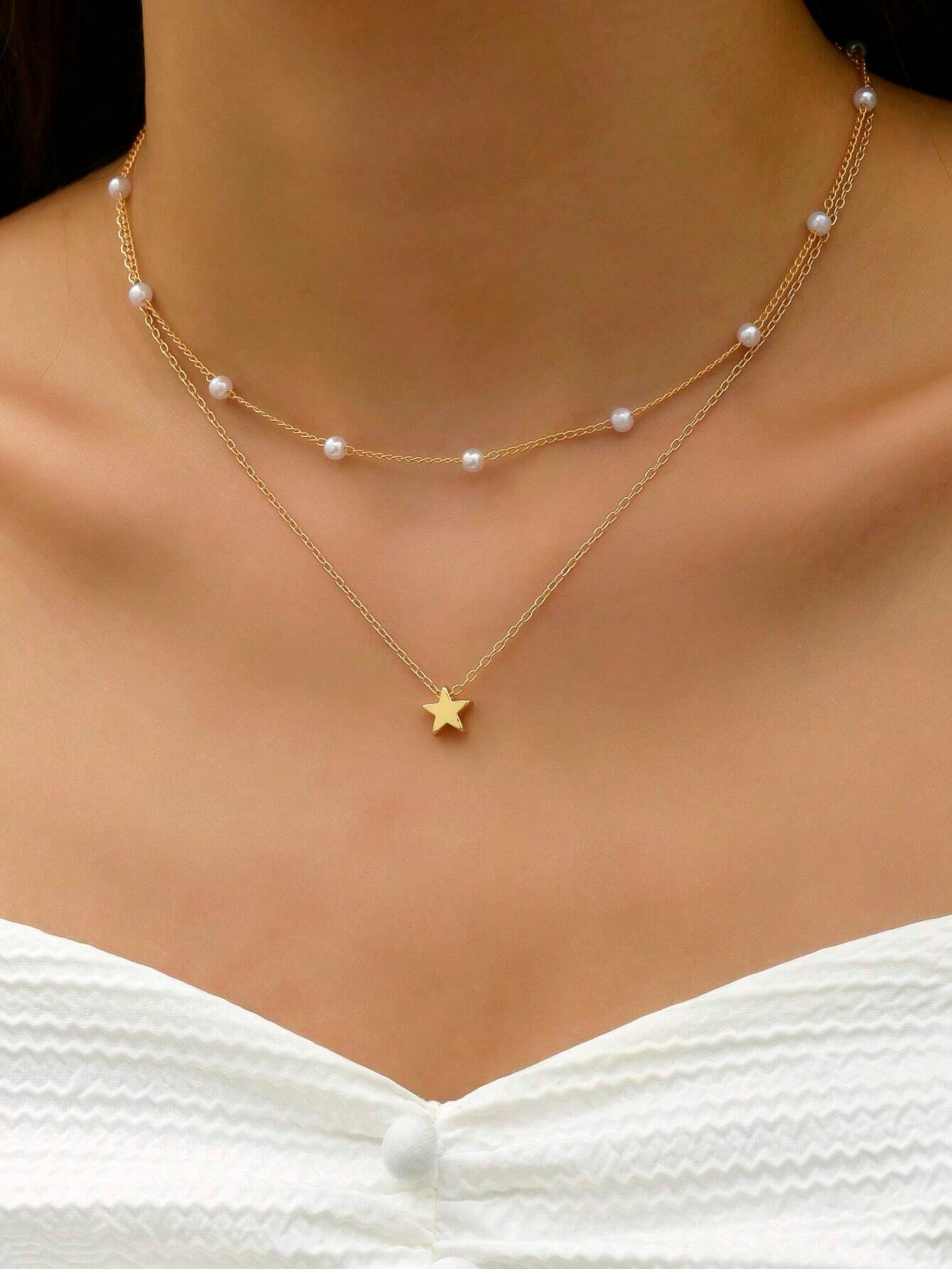 2pcs/set Pendant And Faux Pearl Layered Necklace - Yellow Gold_4