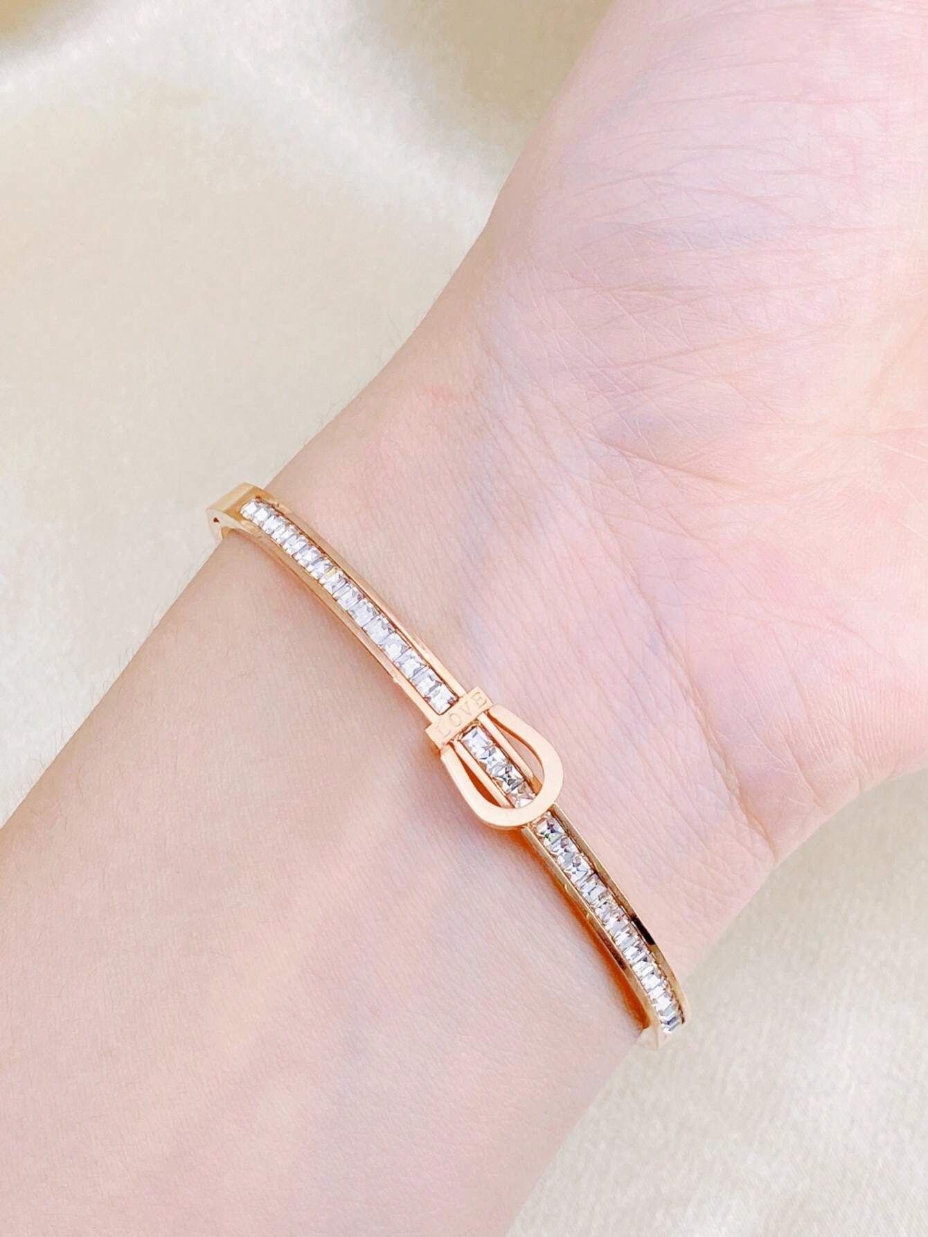 Stainless Steel Rhinestone Bangle Bracelet - Rose Gold_1