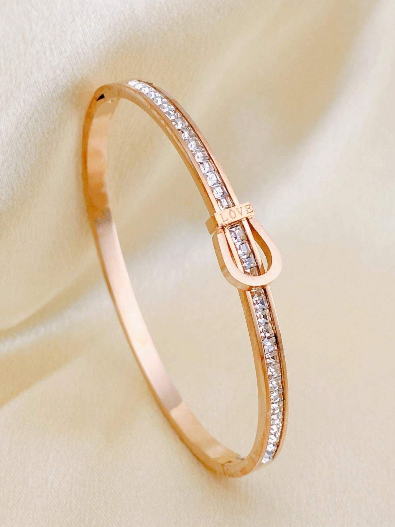 Stainless Steel Rhinestone Bangle Bracelet - Rose Gold_0