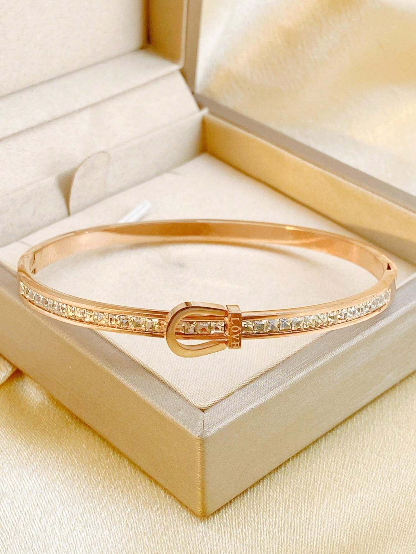 Stainless Steel Rhinestone Bangle Bracelet - Rose Gold_2