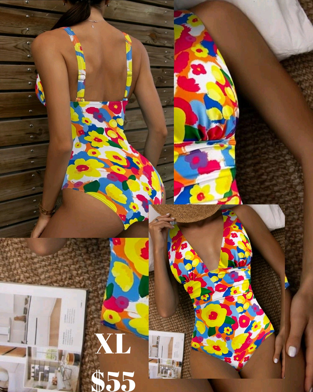 Floral Print Plunging One Piece Swimsuit_0