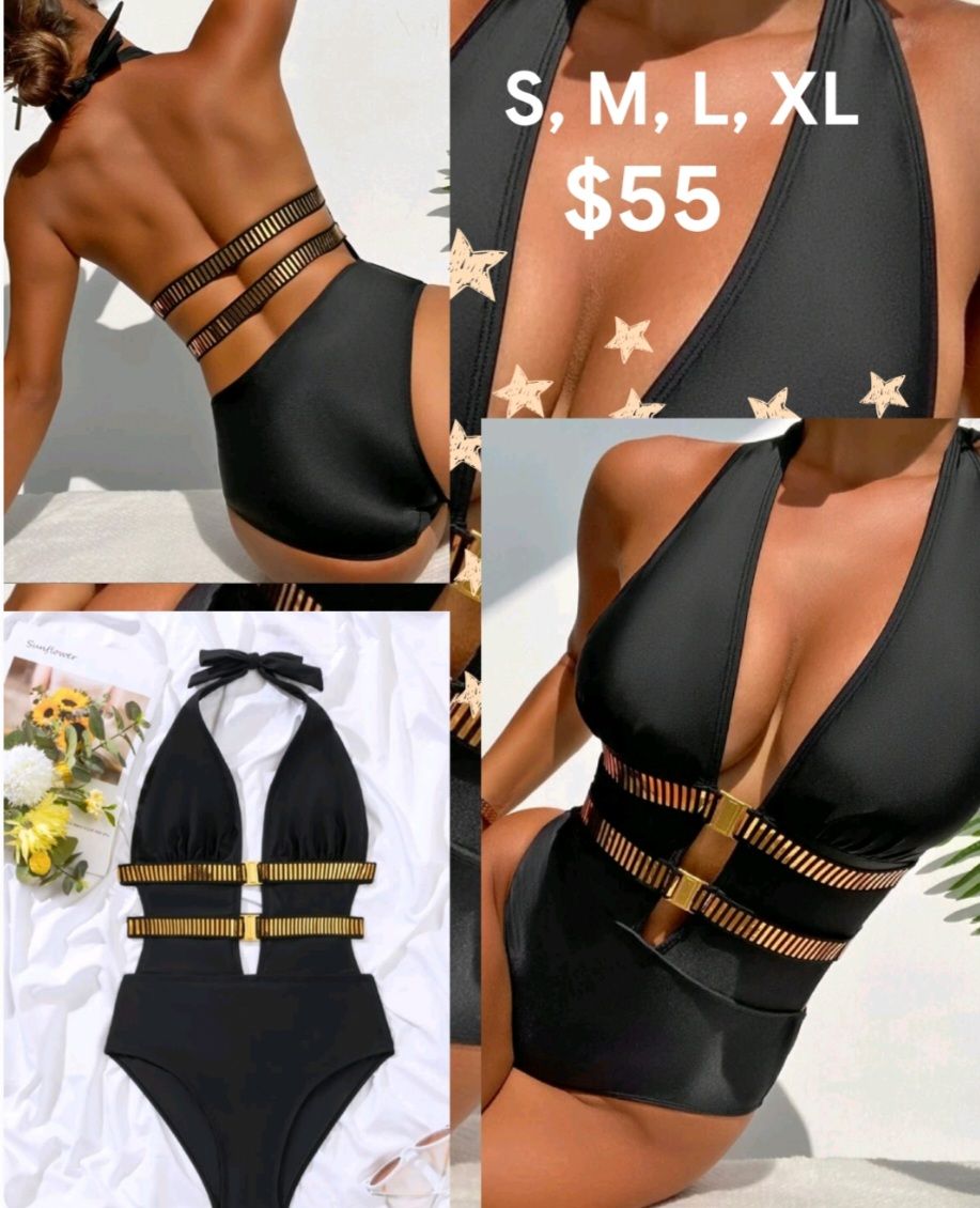 Black & Gold Striped Tape Halter One Piece Swimsuit_0