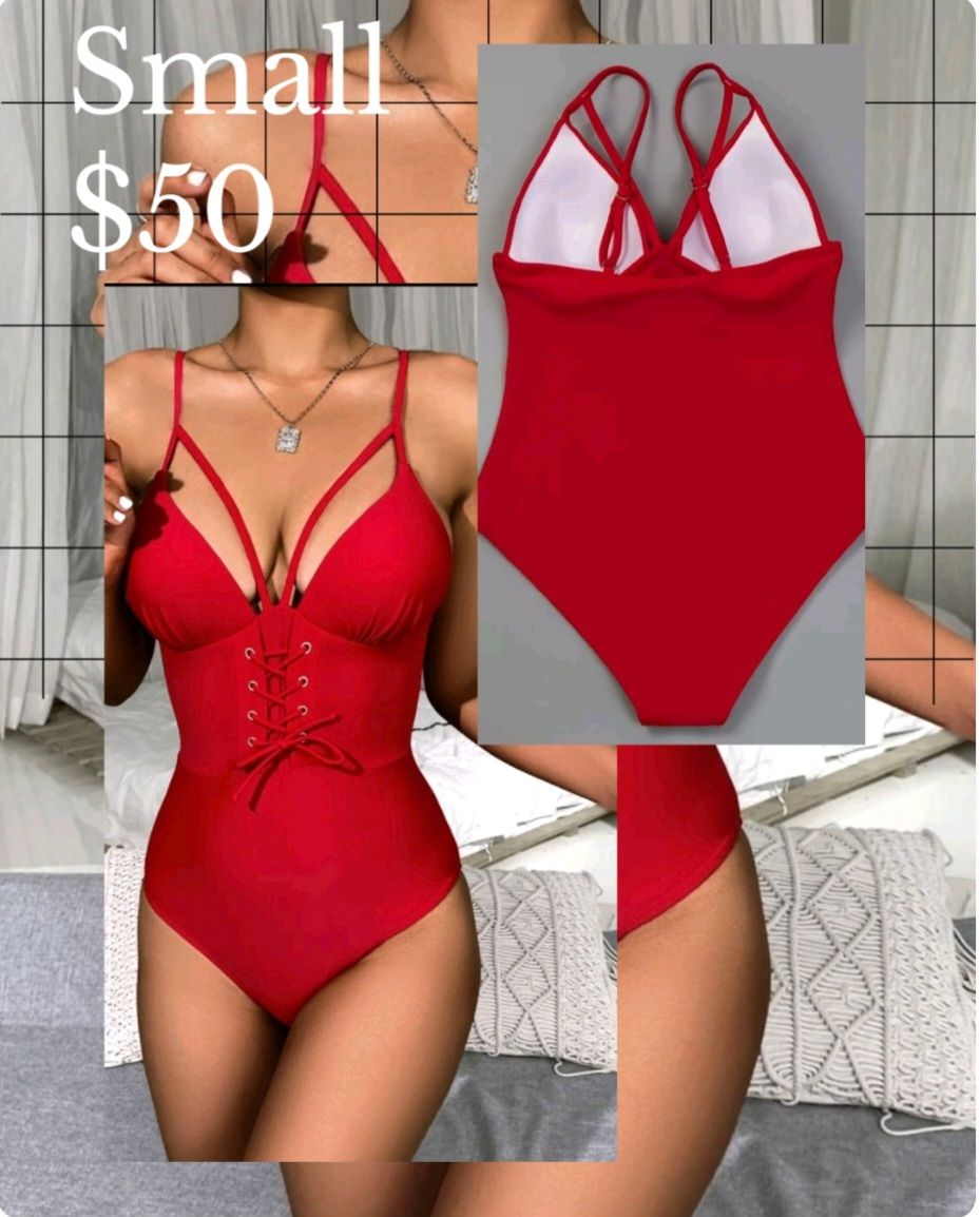 Red Lace-up One Piece Swimsuit_0