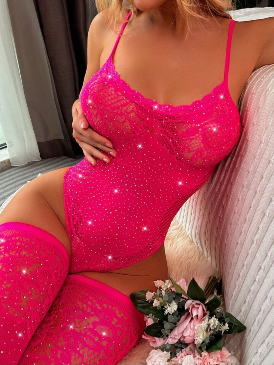 Hot Pink Rhinestone Studded Teddy Bodysuit with 1pair Stocking_3