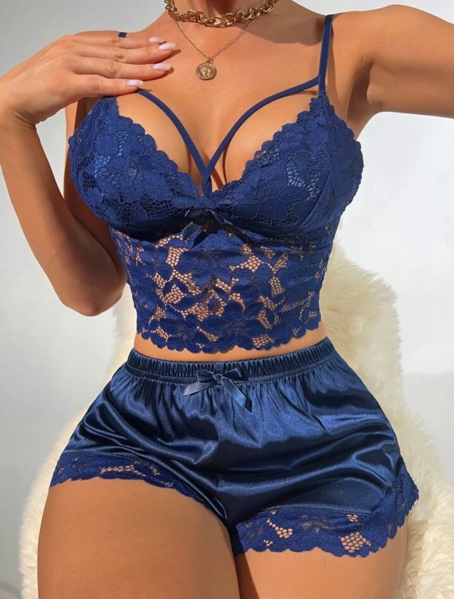 Navy Blue Floral Lace Bow Front Satin PJ Set_4