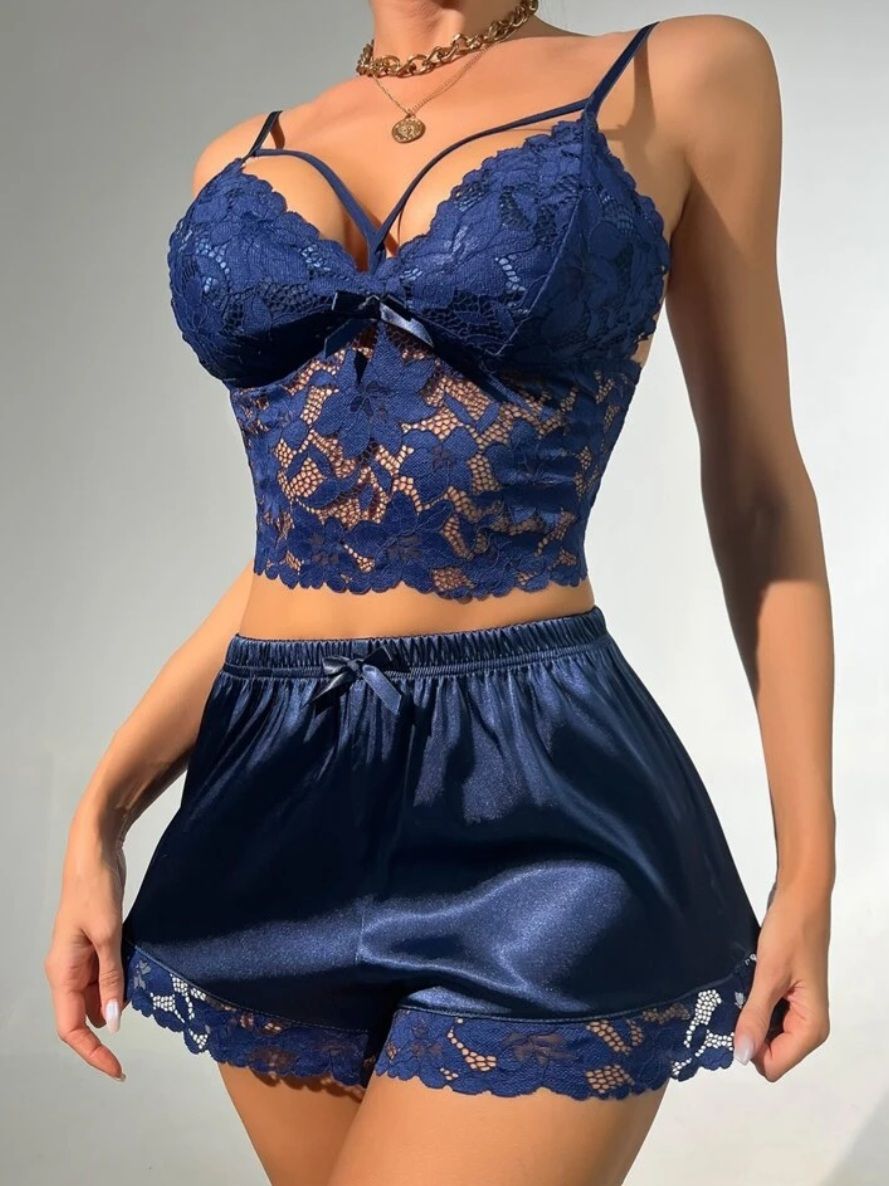 Navy Blue Floral Lace Bow Front Satin PJ Set_3