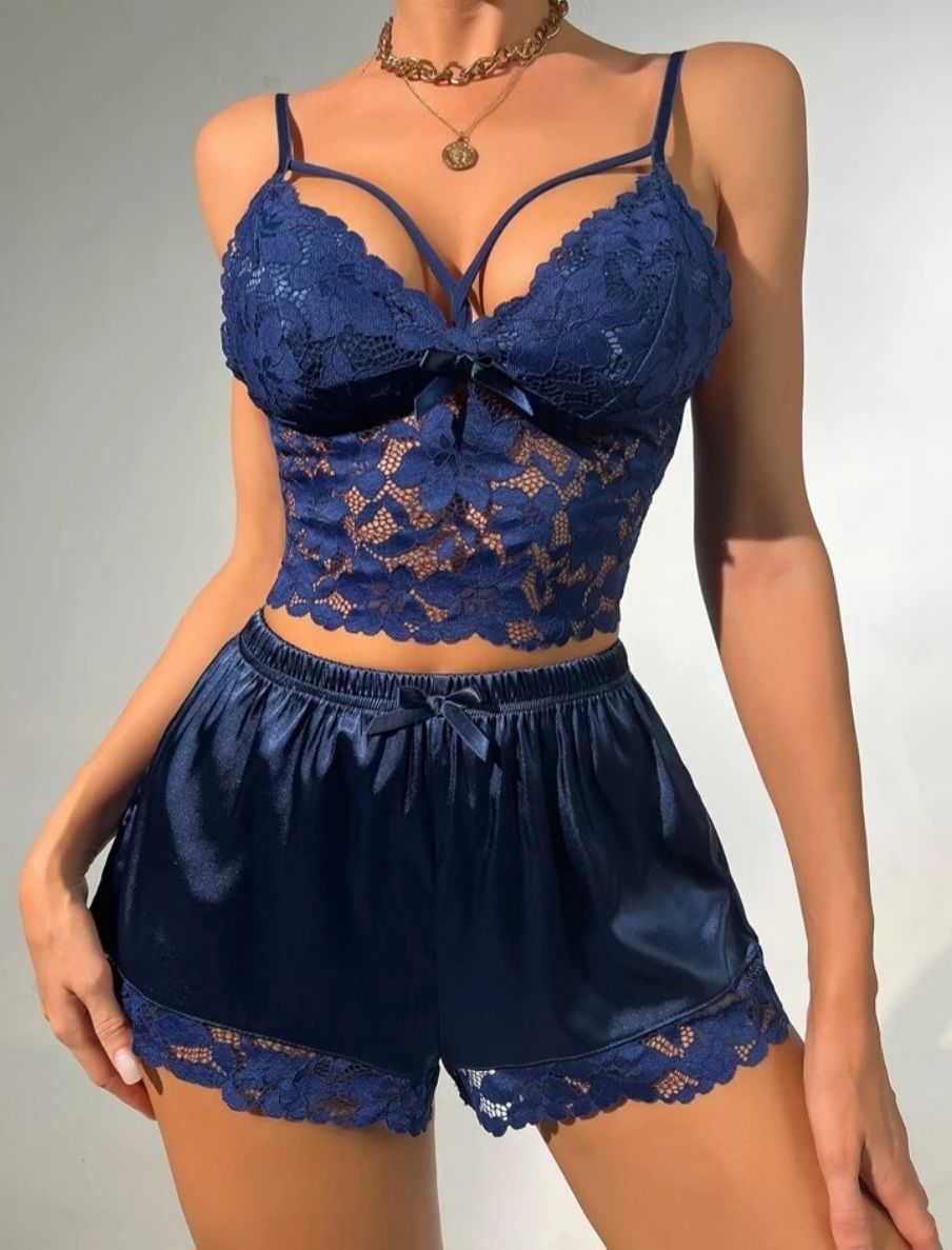 Navy Blue Floral Lace Bow Front Satin PJ Set_0