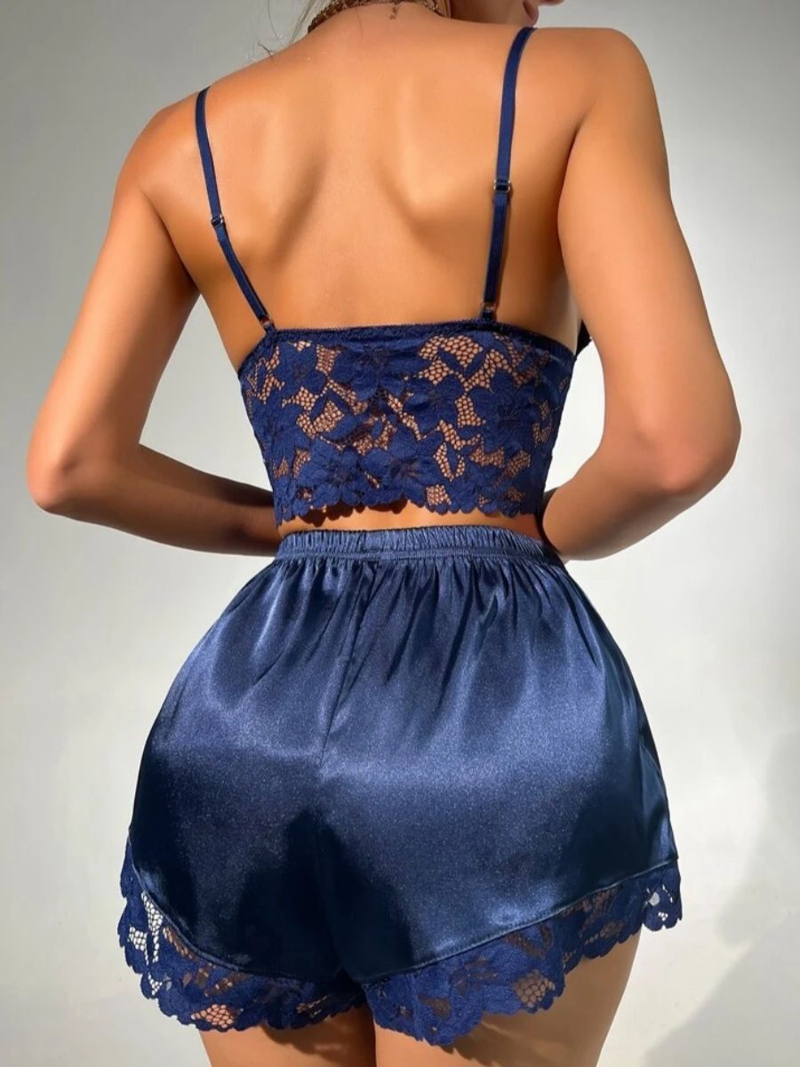 Navy Blue Floral Lace Bow Front Satin PJ Set_2