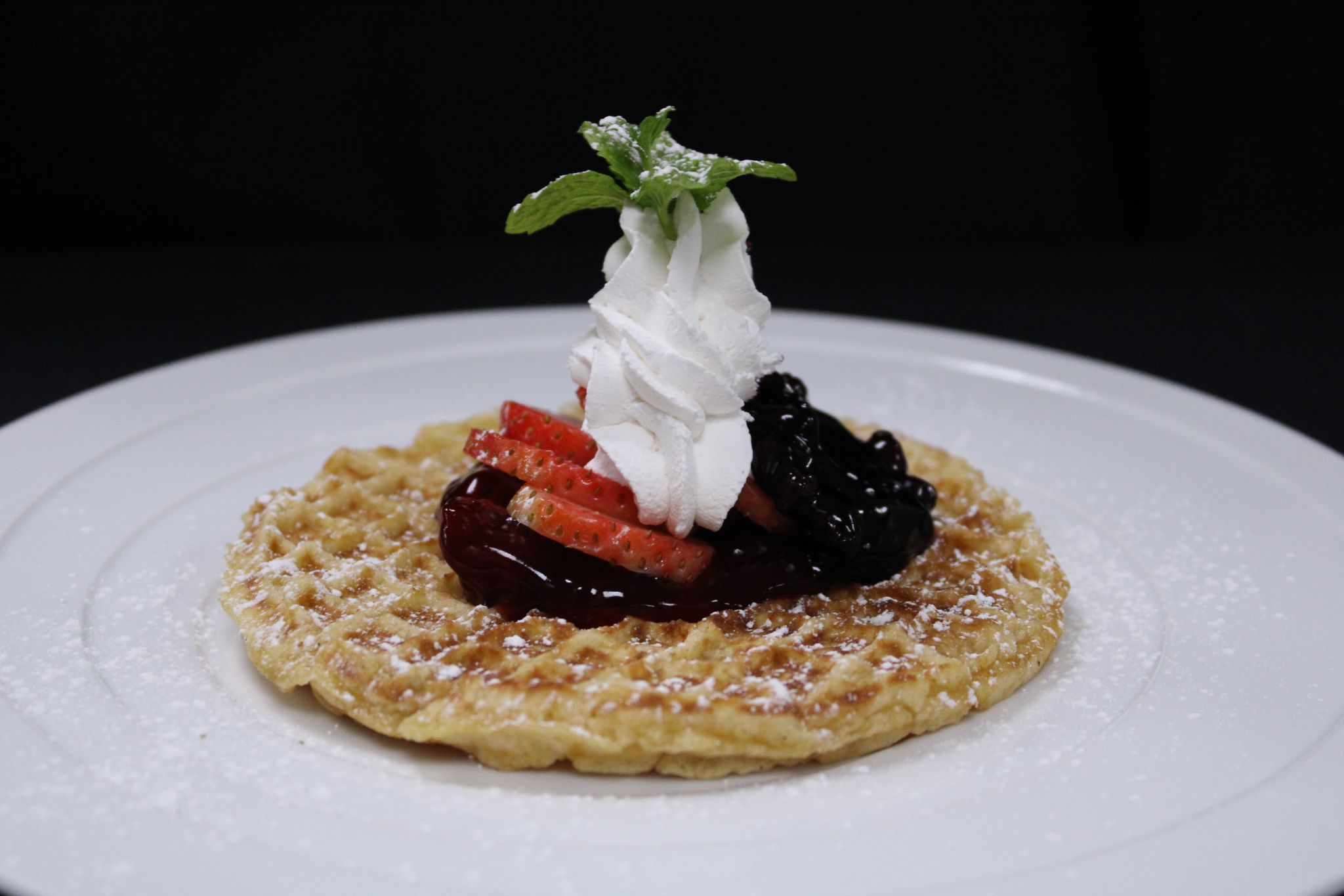 Waffles with Strawberries, Blueberries, Peaches, Topped with Whipped Cream_0