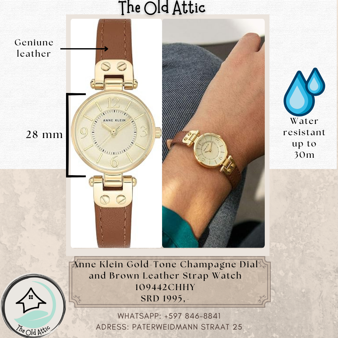 Anne Klein gold tone champagne dial and brown leather strap watch_0