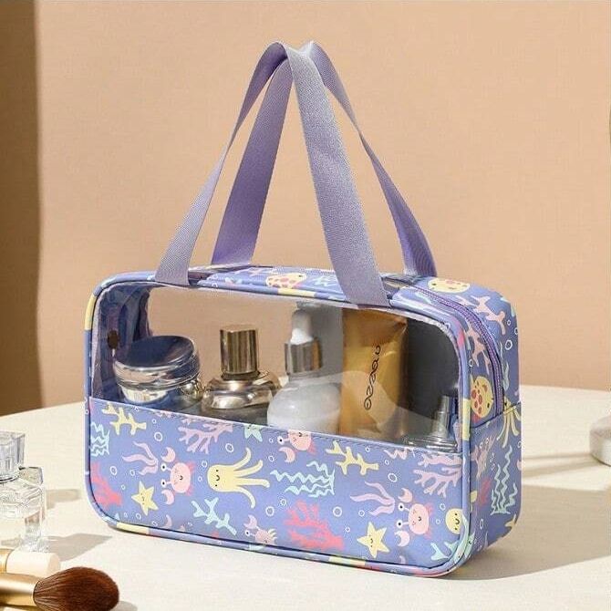 Medium Semi-Transparent Printed Cosmetic Bag - Purple_0