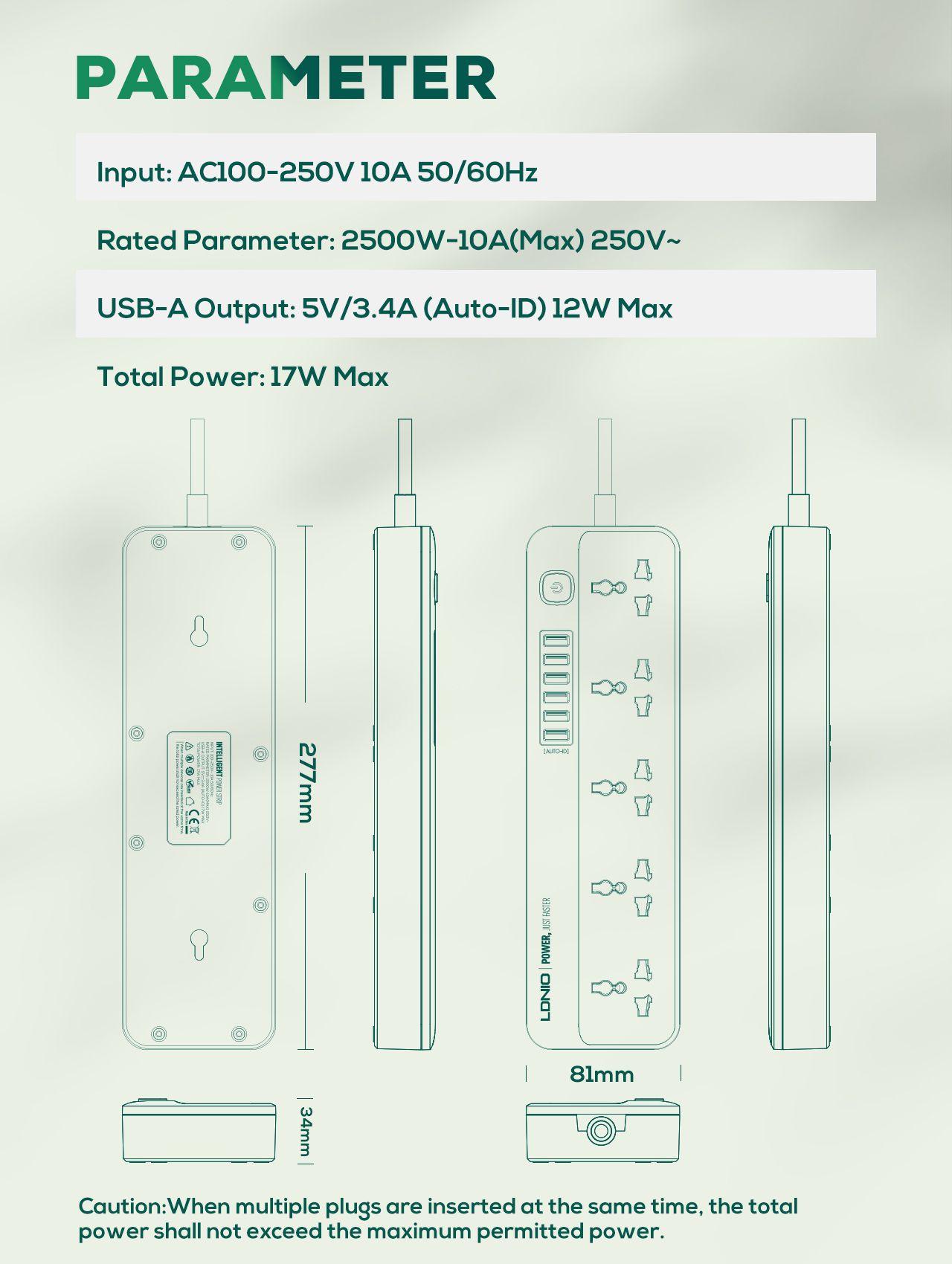 Universal Outlets and 6USB ports 2M Power Cord Extension Socket_7