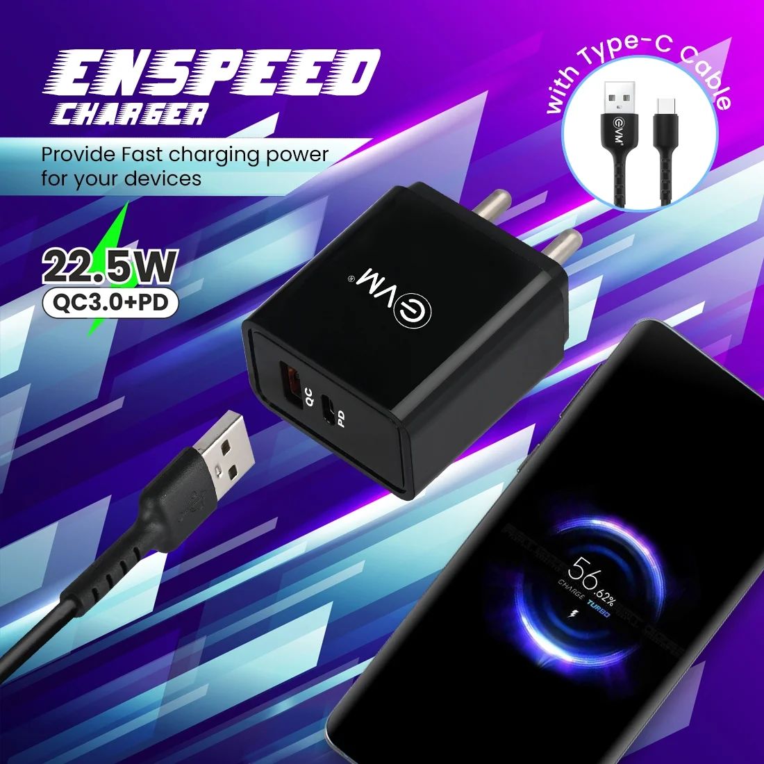 EVM EnSpeed 22.5W QC+PD Charger With Type-C Cable - Assorted Color_3