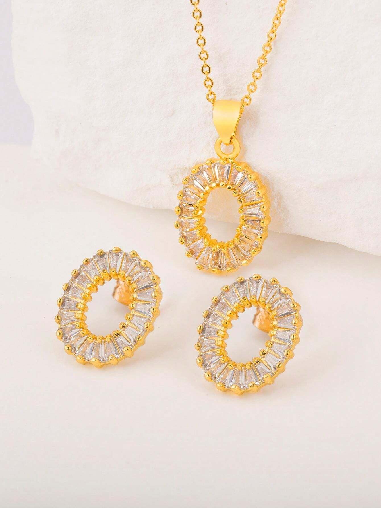 White Zirconia 18k Gold Plated Stud Earrings And Necklace Set_6