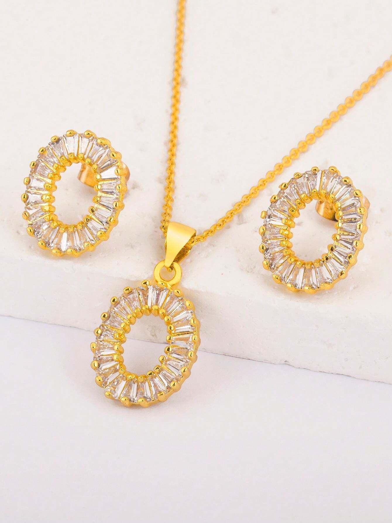 White Zirconia 18k Gold Plated Stud Earrings And Necklace Set_8