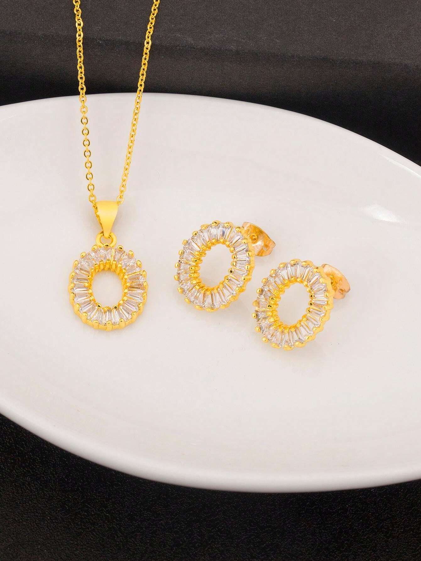 White Zirconia 18k Gold Plated Stud Earrings And Necklace Set_7