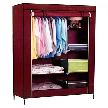 Non Woven Portable Storage Fabric Wardrobe with Shelves - Wine Red_1