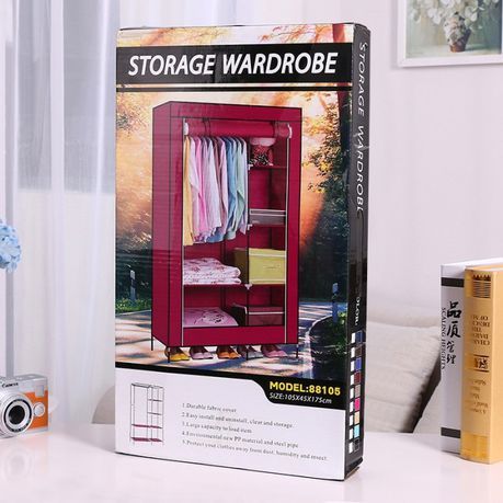 Non Woven Portable Storage Fabric Wardrobe with Shelves - Wine Red_3