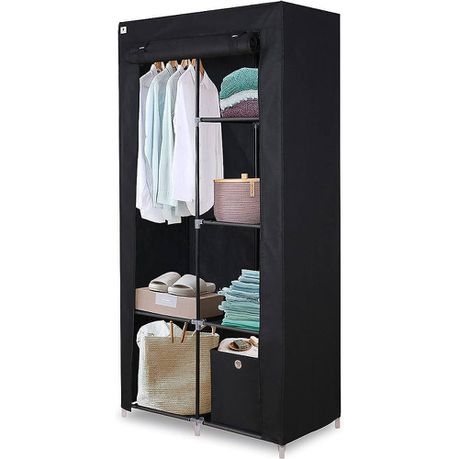 Non Woven Portable Storage Fabric Wardrobe with Shelves - Black_1