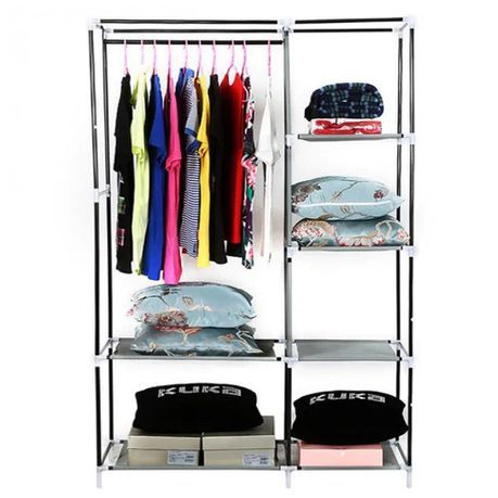 Non Woven Portable Storage Fabric Wardrobe with Shelves - Black_2