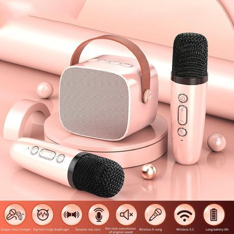 Portable Bluetooth Wireless Karaoke Speakers with 2 Microphones - Pink_3