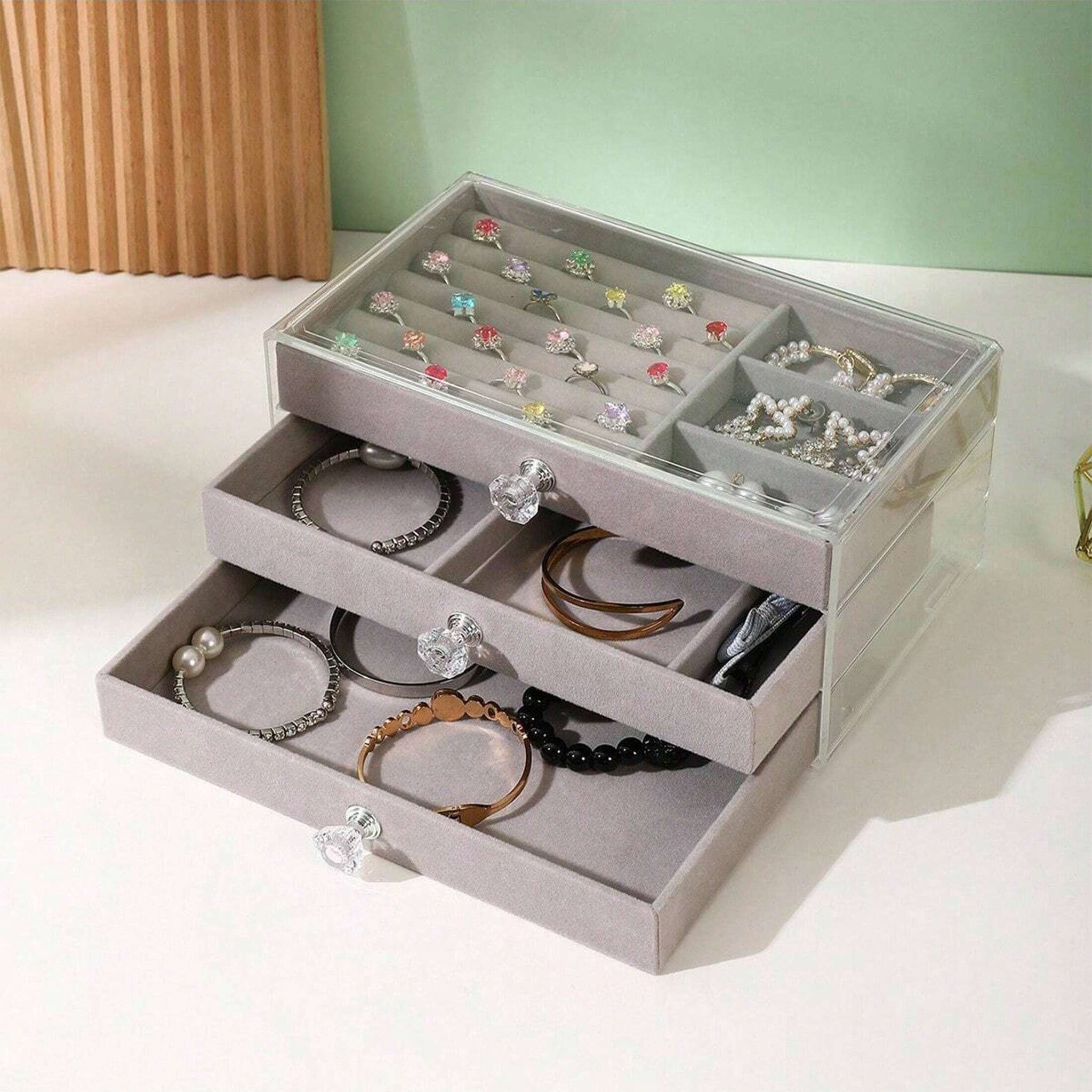 Large Capacity 3 Layers Acrylic & Soft Fabric Jewelry Storage Box - Grey_0