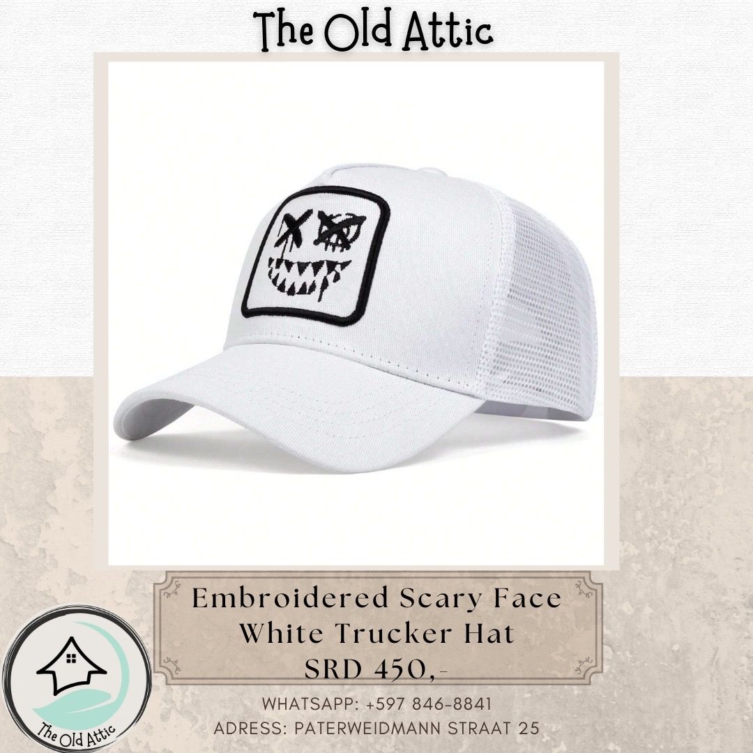 Embroidered scary face white trucker hat _0