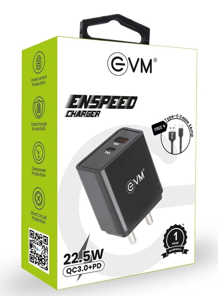 EVM EnSpeed 22.5W QC+PD Charger With Type-C Cable - Assorted Color_1