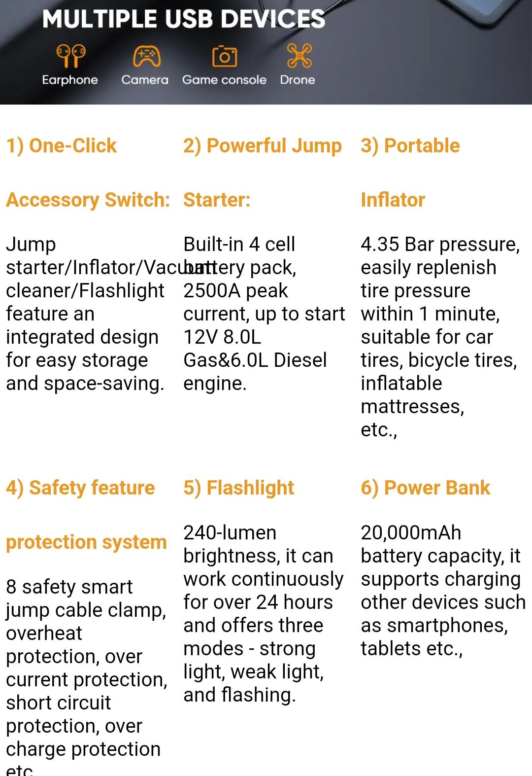 Portable 20000 mAh Super Capacitor Jumpstarter with Air Compressor_8