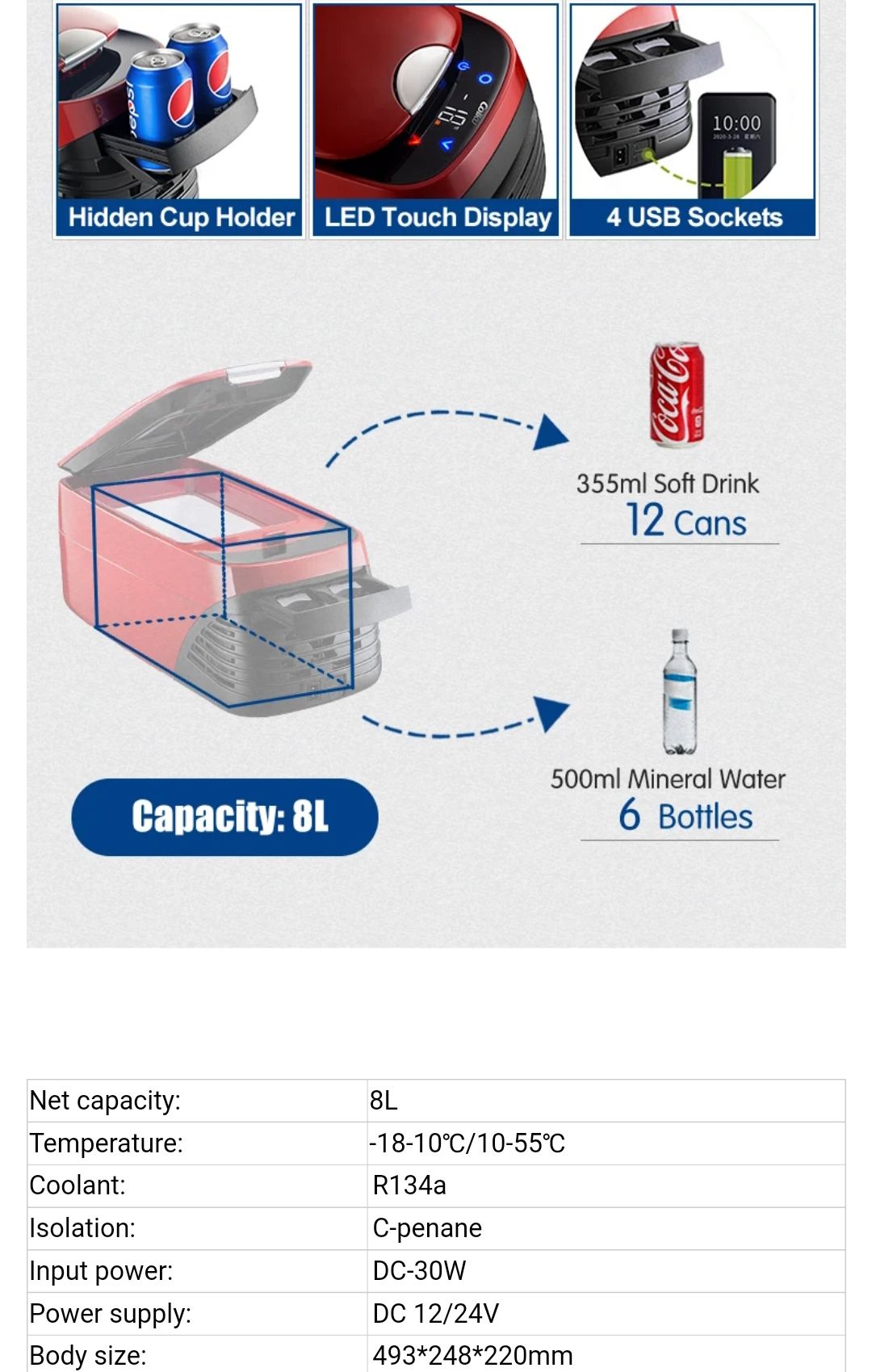 Portable DC 12V 24V mini car refrigerator 8L_7