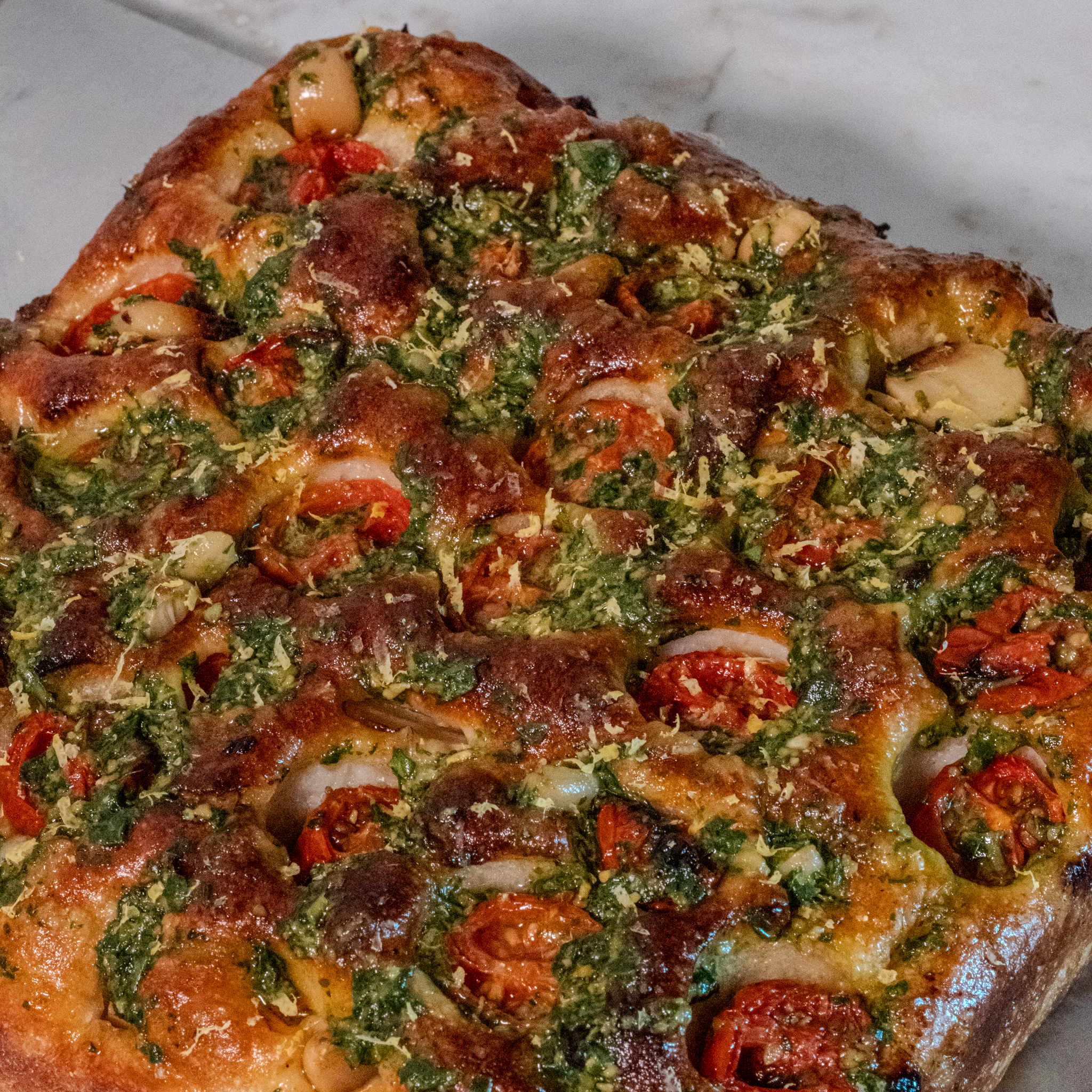 Tomato, Garlic Confit, Basil Pesto Focaccia_0