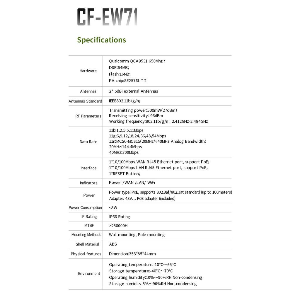 COMFAST CF-EW71 High Power Outdoor WiFi CPE 48V POE Power Adapter Double 6 DBi Wireless Access Point_8