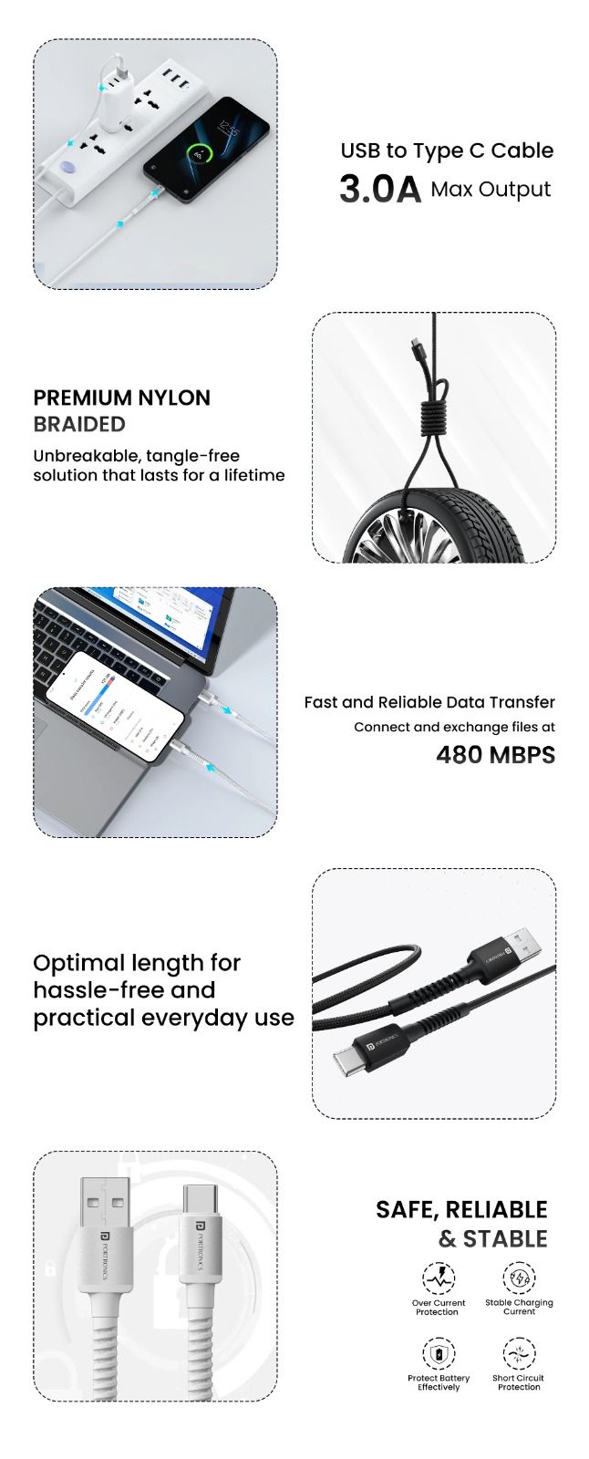 Portronics Konnect X 1 meter Type-C Nylon Braided Cable with 3A Output (Assorted Color)_1