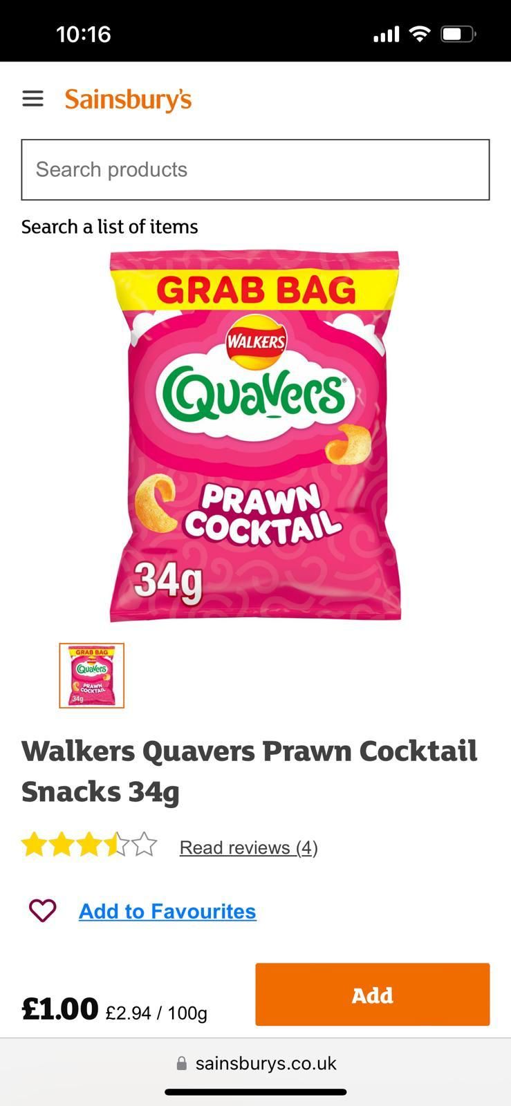 Walkers quavers prawn cocktail grab bag 34g 30 per case Dated 11/5/24_0