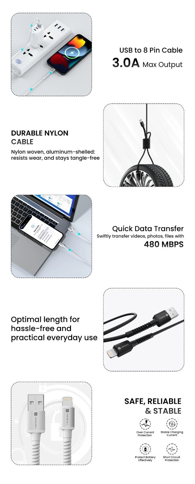 Portronics Konnect X 1 meter USB to 8 Pin Cable Nylon Braided with 3A Output, Fast Charging & Data Transfer (Assorted Color)_1