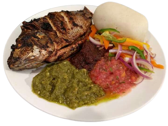 Banku with fried/Grilled fish with green pepper sauce and steamed vegetables_0