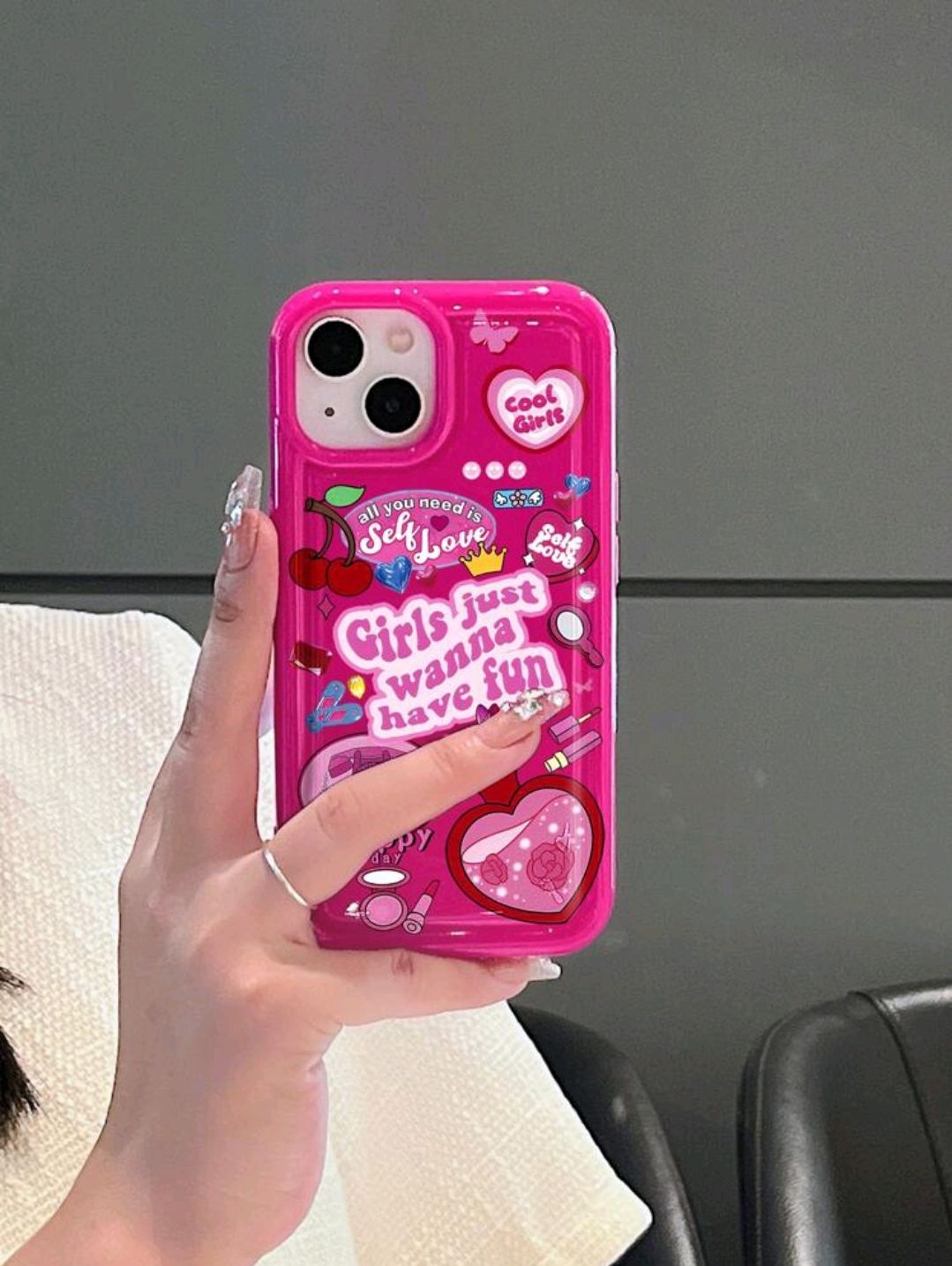 Cartoon Print Self Love Themed Case - Pink_1