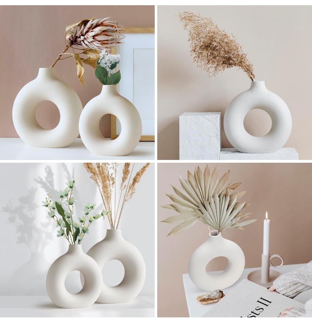 Beige/White Ceramic Donut Vases_1