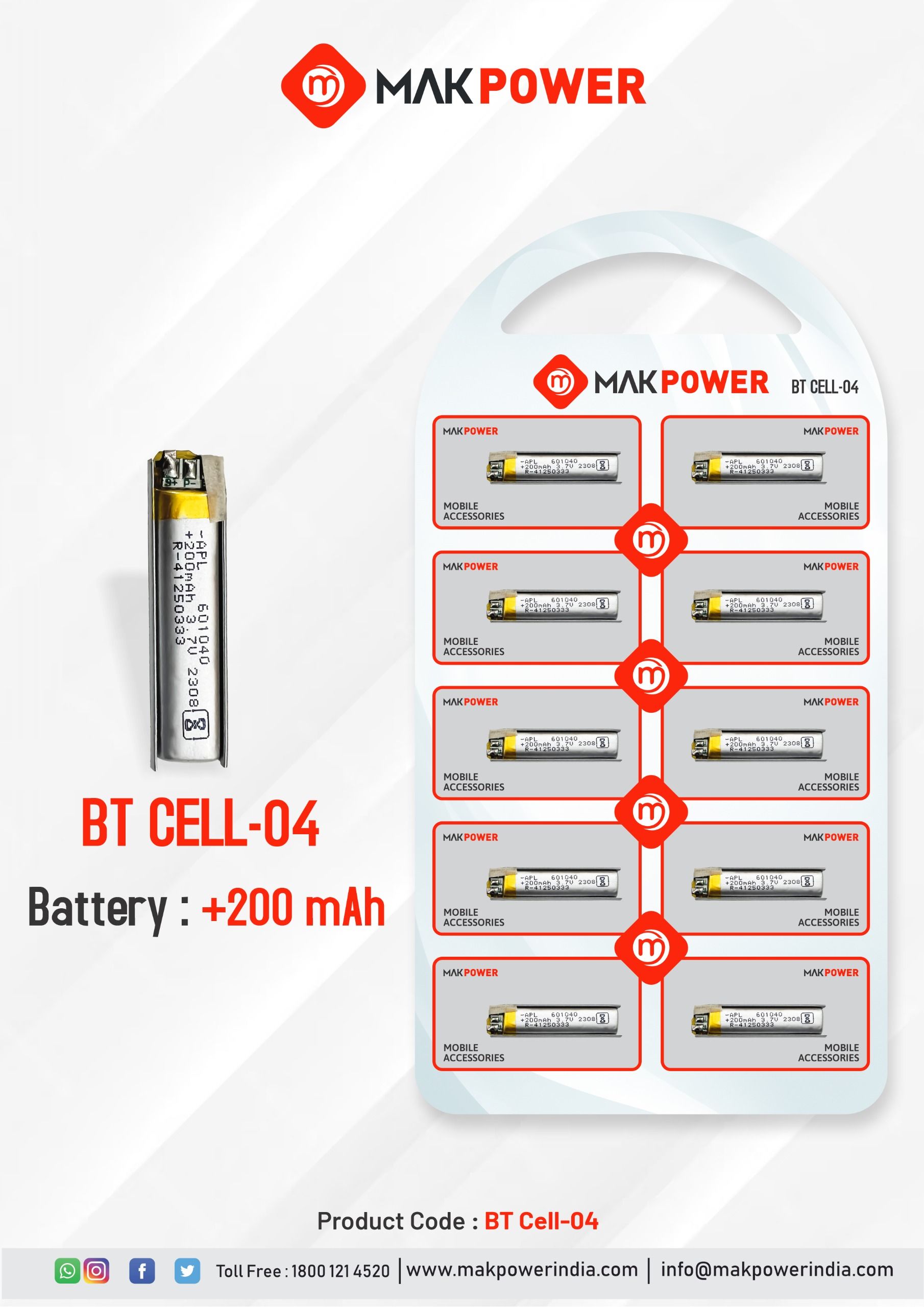 Mak Power BT Neckband Battery +200mAh (Set of 10)_0