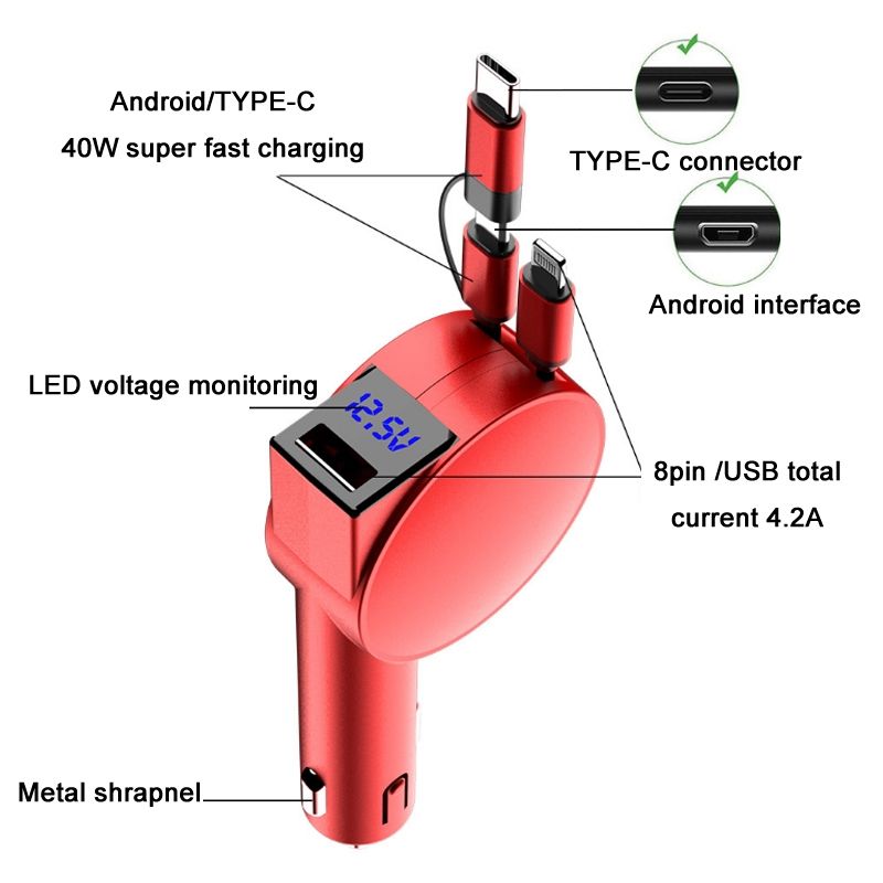 3 In 1 40W Fast Charging Dual Cable Retractable Car Charger_8