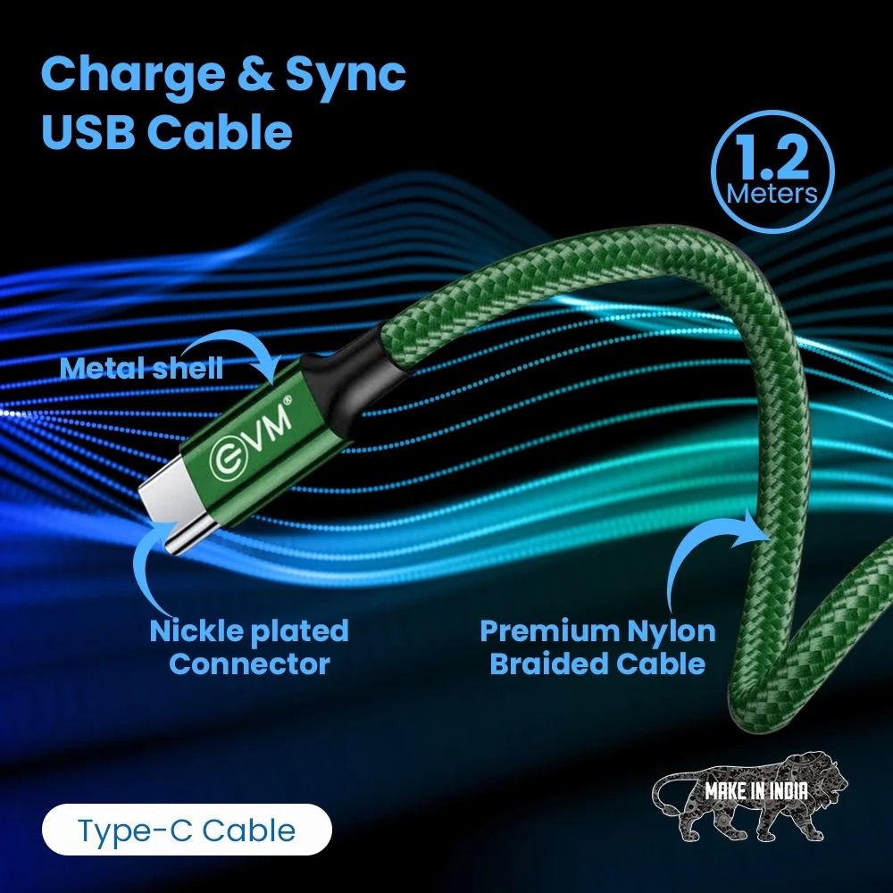 EVM Type-C 1.2 Meter Data Cable (Metal Head Nylon Braided Cable) Green Color_1