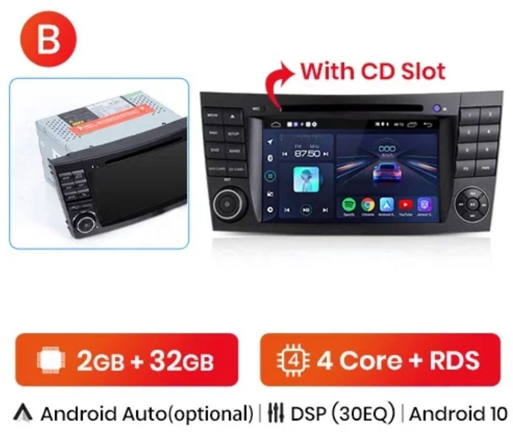 Rádio 7" android 2/32GB Mercedes w211 w219 W209 E300 E500 com Slot CD_1