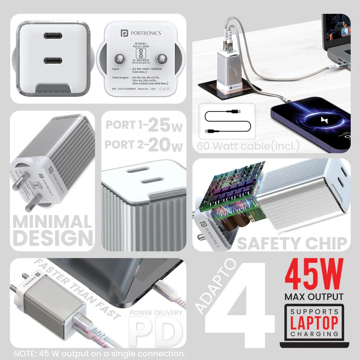 Portronics Adapto 4 Fast Charging Adapter, 45W High Power Wall Charger with Dual PD 3.0 Ports (Port 1-25w,Port 2-20w) Type C Charger for All Smartphones,Type C Enable Devices and iPhones_2