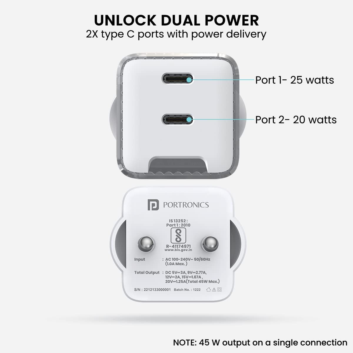Portronics Adapto 4 Fast Charging Adapter, 45W High Power Wall Charger with Dual PD 3.0 Ports (Port 1-25w,Port 2-20w) Type C Charger for All Smartphones,Type C Enable Devices and iPhones_1