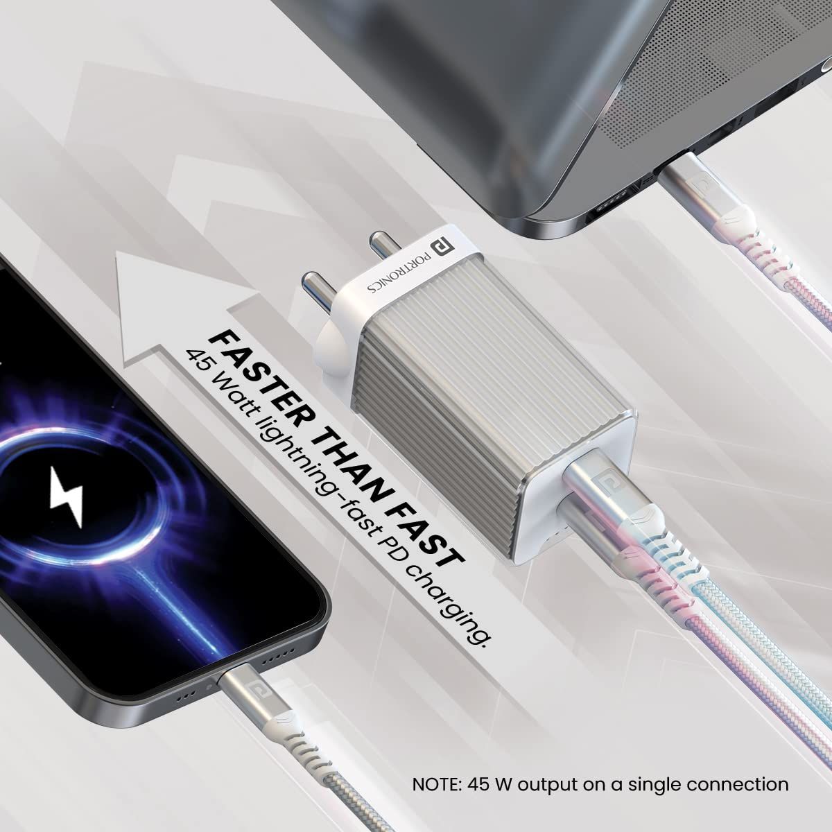 Portronics Adapto 4 Fast Charging Adapter, 45W High Power Wall Charger with Dual PD 3.0 Ports (Port 1-25w,Port 2-20w) Type C Charger for All Smartphones,Type C Enable Devices and iPhones_3