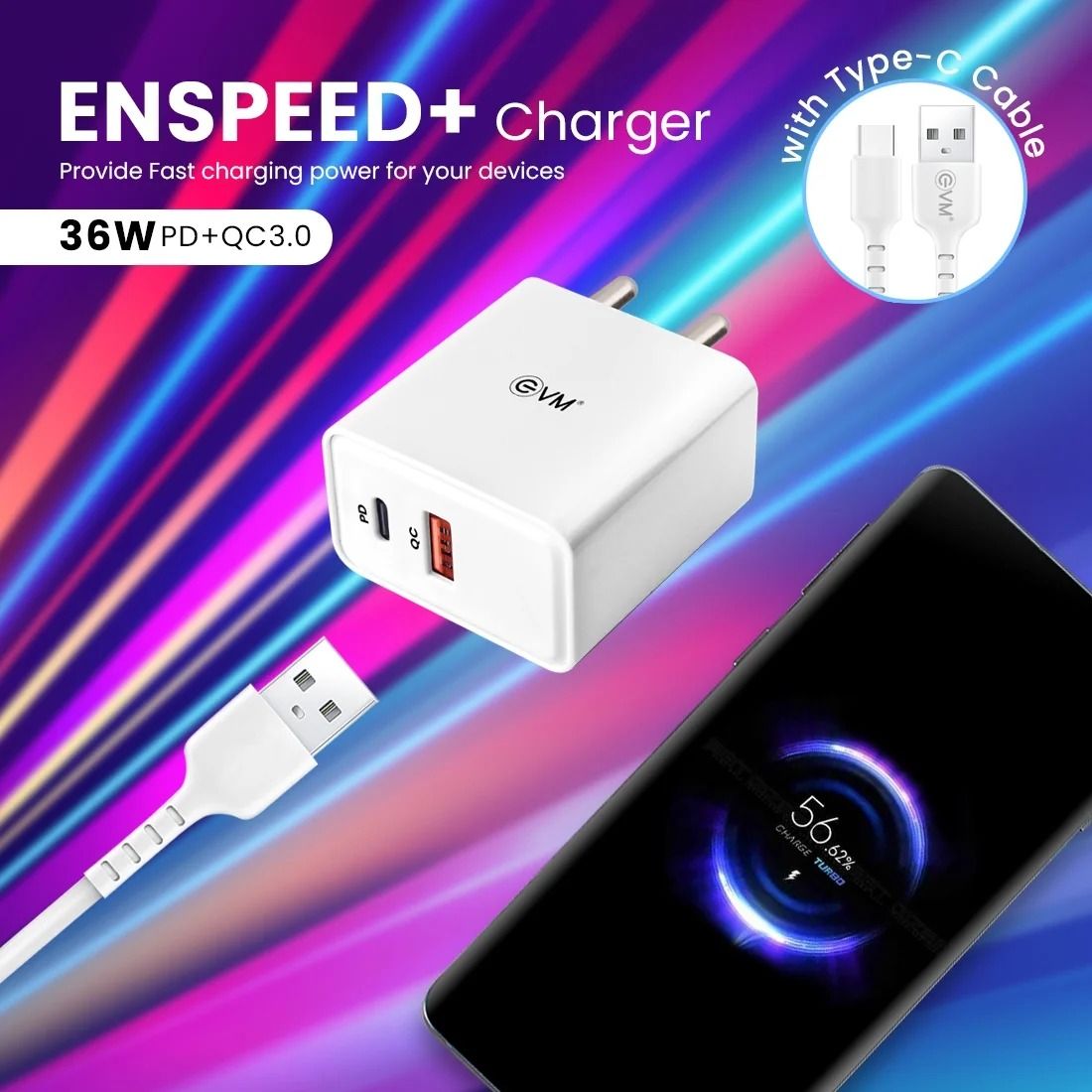 EVM EnSpeed+ 36W PD+QC 3.0 Fast Charging Travel Adapter with Type-C Cable_1