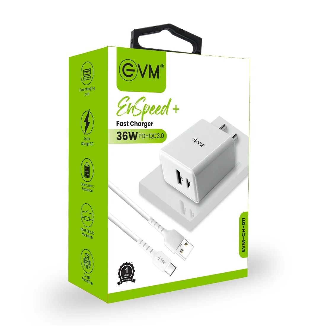 EVM EnSpeed+ 36W PD+QC 3.0 Fast Charging Travel Adapter with Type-C Cable_0