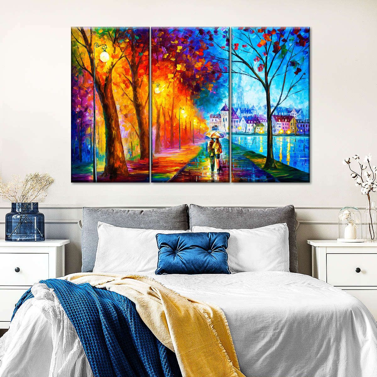 City By The Lake Abstract Painting 3 Piece Canvas Wall Art For Living Bedroom Office Decor _0