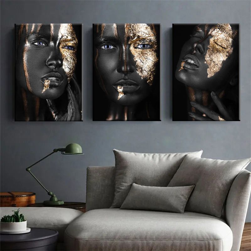 African Black Gold Fashion 3 Piece Canvas Wall Art For Living Bedroom Office Home Decor _0