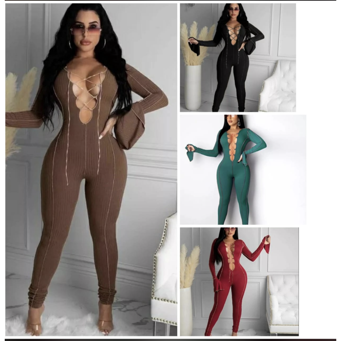 Sexy Lace Up V-neck Flared Sleeves Jumpsuits_3